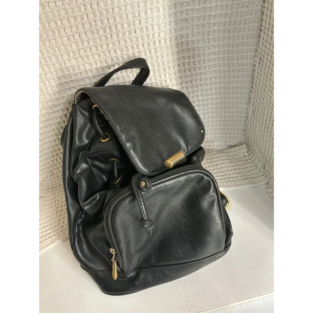 Vintage 90s Women Unbranded Leather Drawstring Backpack Medium Black